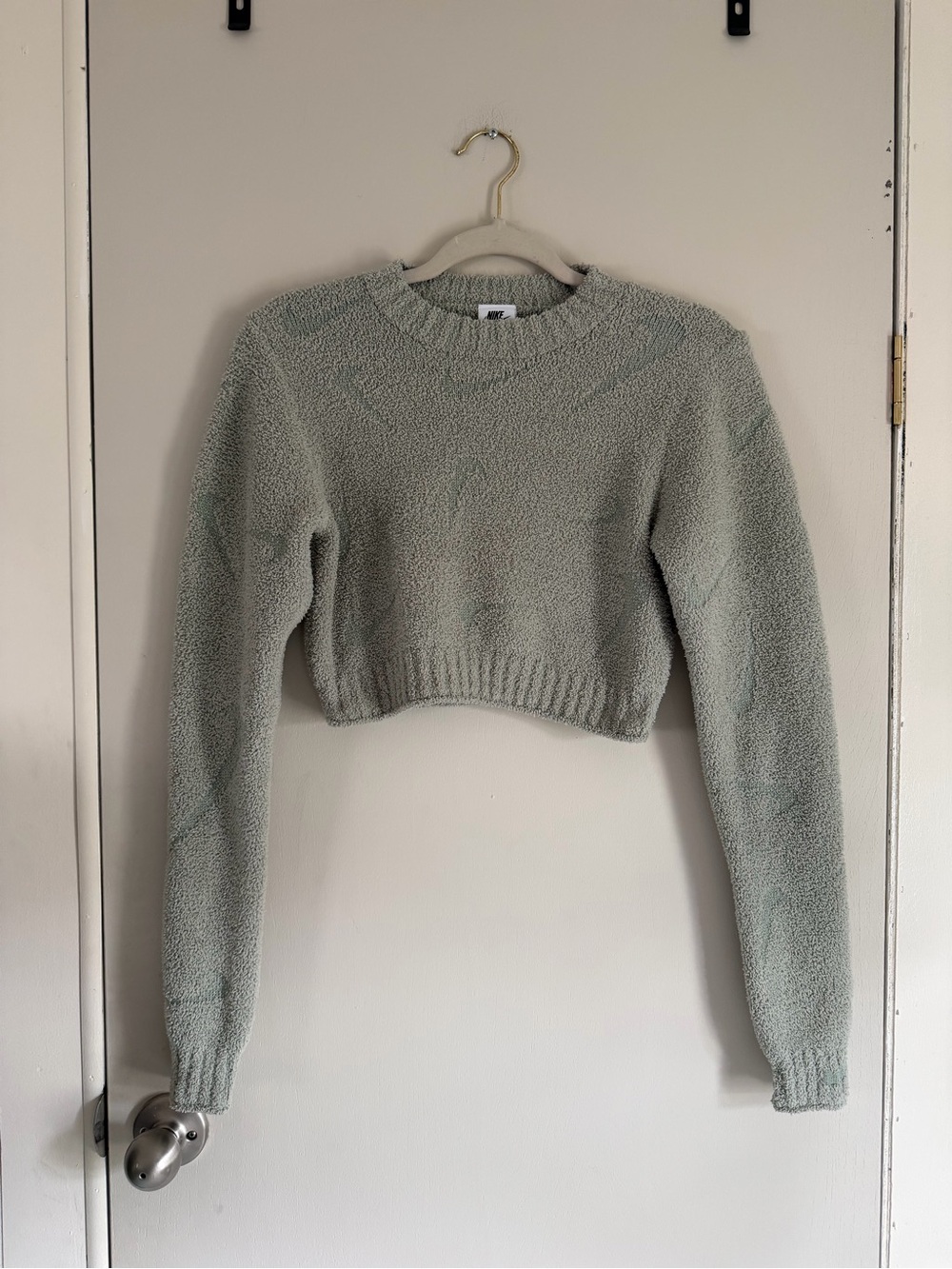 Nike Cropped Knit Crewneck Sweater in Sage Green